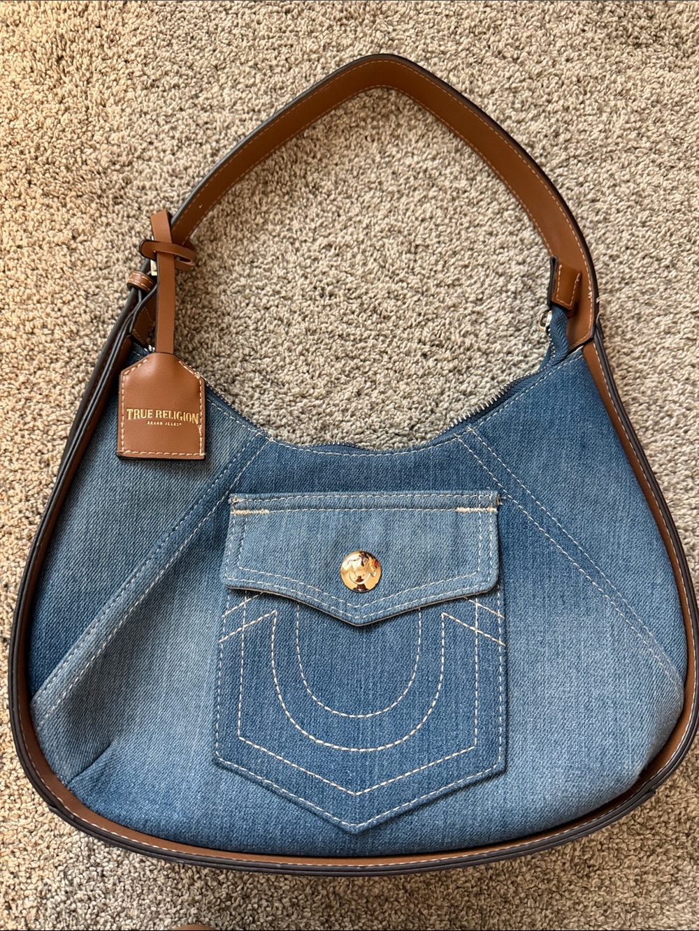 True Religion Blue Denim Shoulder Bag with Brown Trim
